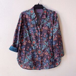 Robert Graham Women’s Button Up Shirt XL Roll Tab Sleeves Floral Blouse Boho